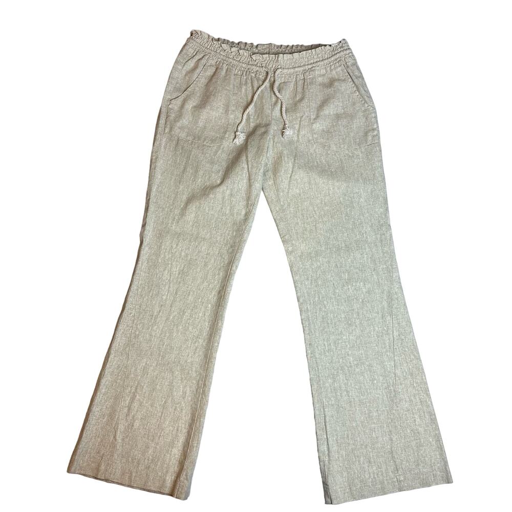 Women's Roxy Linen Blend Large Pants Tan Beige Khaki Oatmeal Tie at waist L